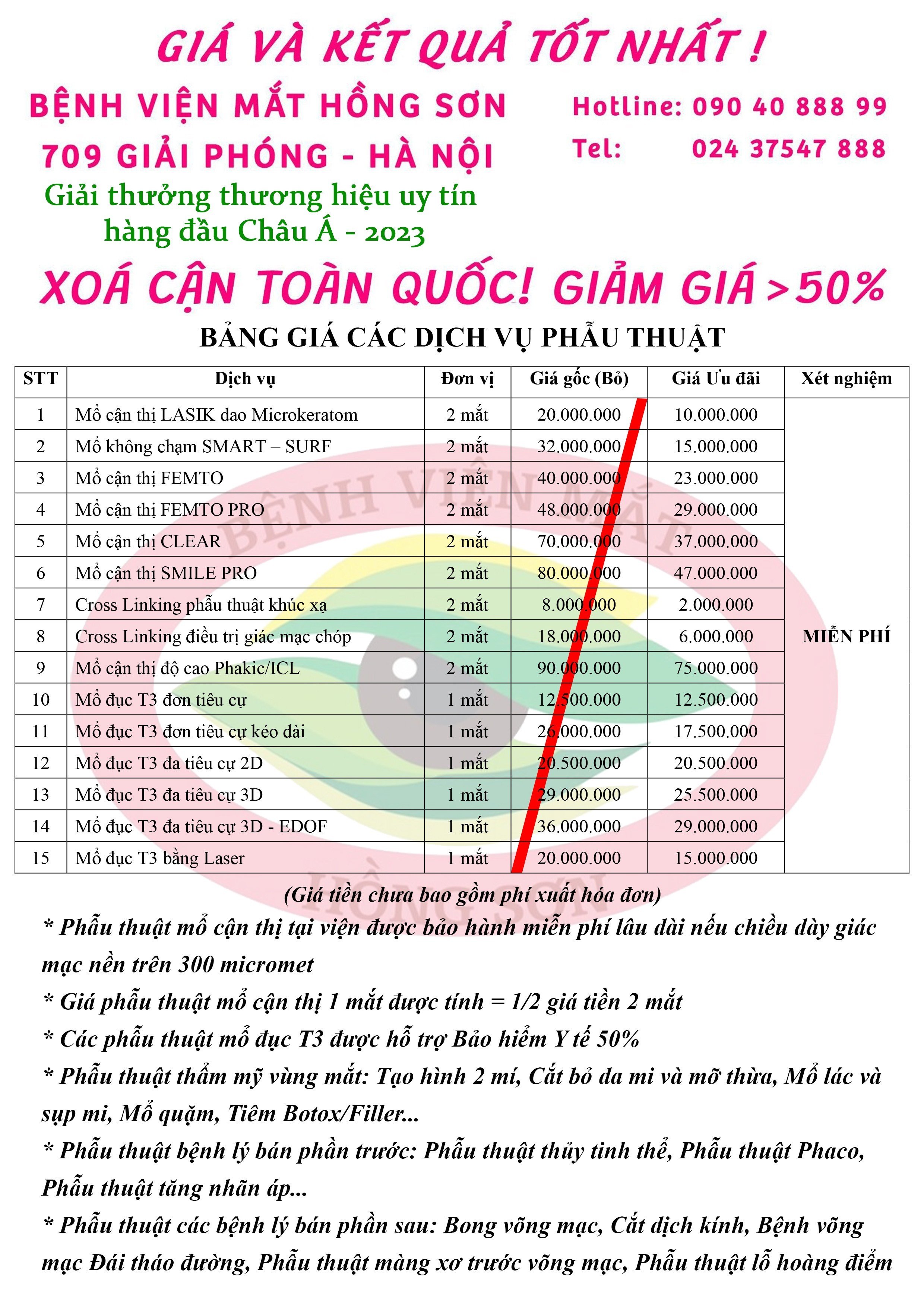 Bảng giá bv măt Hồng Sơn