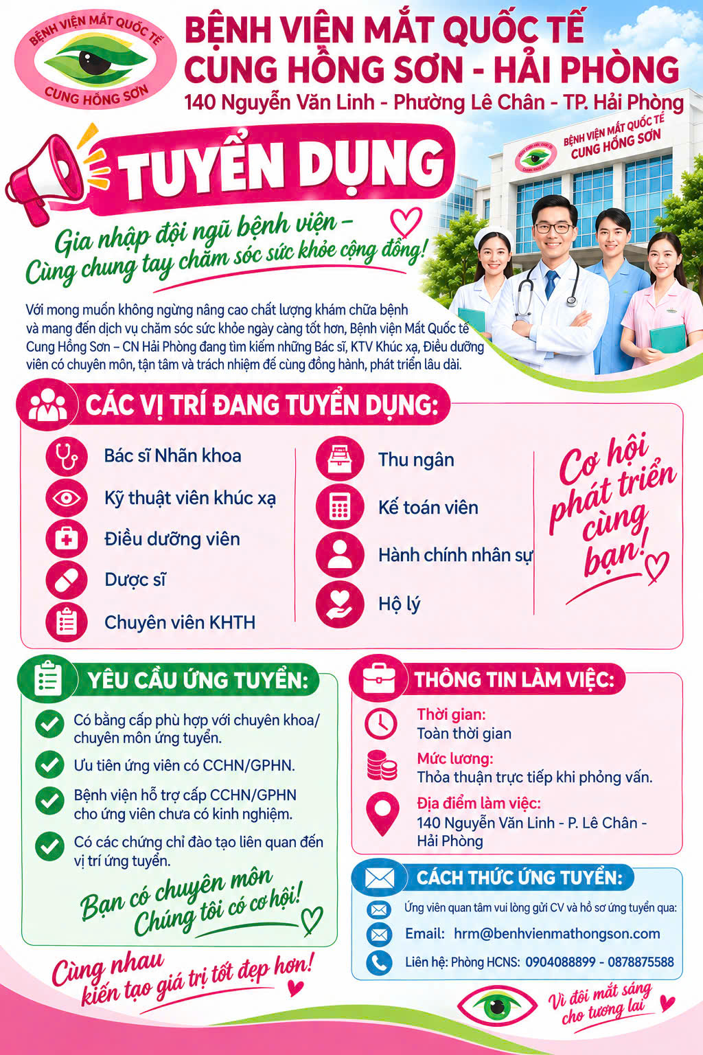 BỆNH VIỆN MẮT QUỐC TẾ CUNG HỒNG SƠN – ĐỊA CHỈ: 140 NGUYỄN VĂN LINH, PHƯỜNG LÊ CHÂN, TP.  HẢI PHÒNG TUYỂN DỤNG