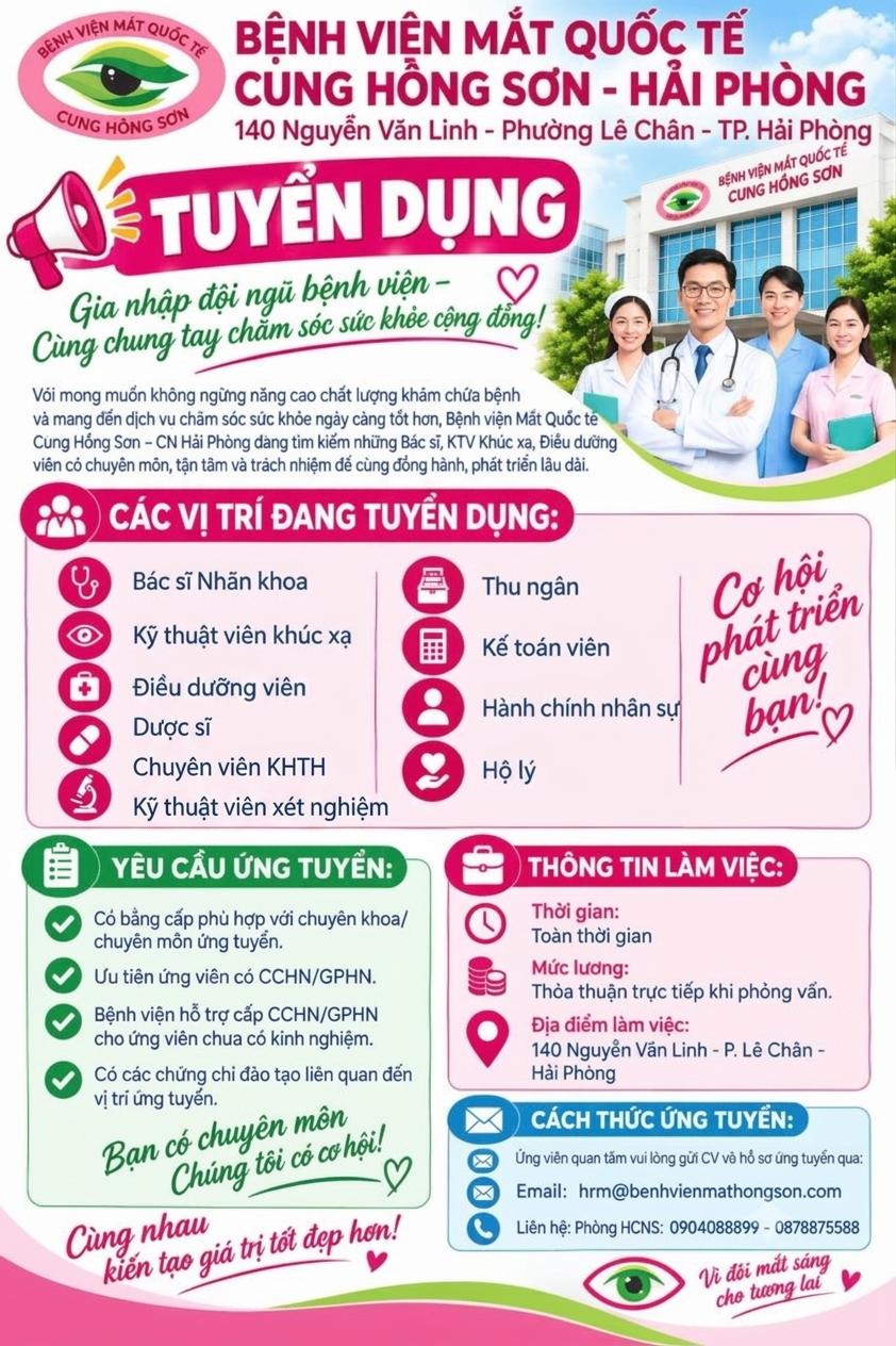 BỆNH VIỆN MẮT QUỐC TẾ CUNG HỒNG SƠN – ĐỊA CHỈ: 140 NGUYỄN VĂN LINH, PHƯỜNG LÊ CHÂN, TP.  HẢI PHÒNG TUYỂN DỤNG